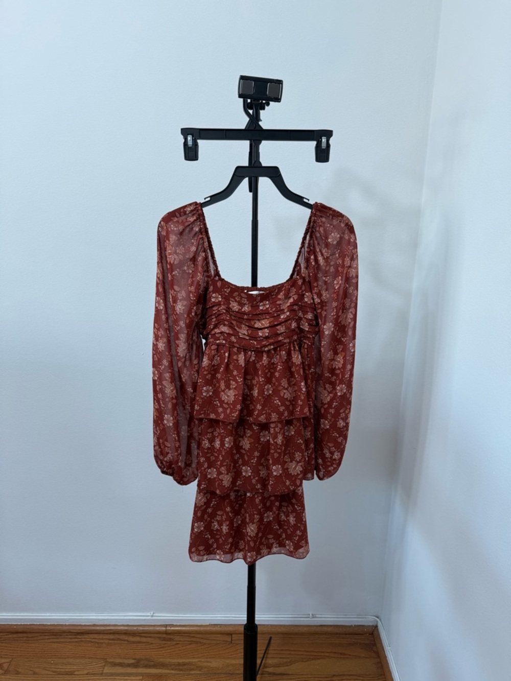 Altar'd State Rust Floral Tiered Mini Dress with Square Neck - Picture 2 of 4